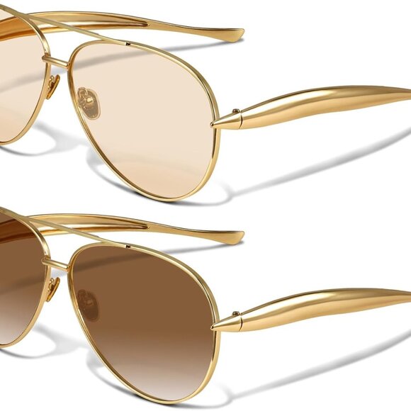 Retro Gold Aviator Sunglasses Metal Oversized 70s Stylish UV Protected - Picture 1 of 6